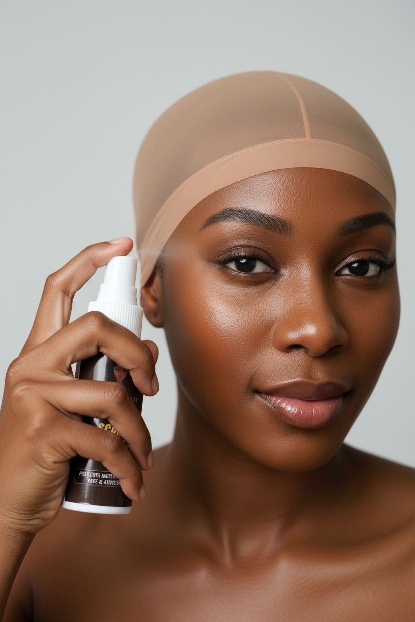 Woman spraying Scalp Protector on hairline safely