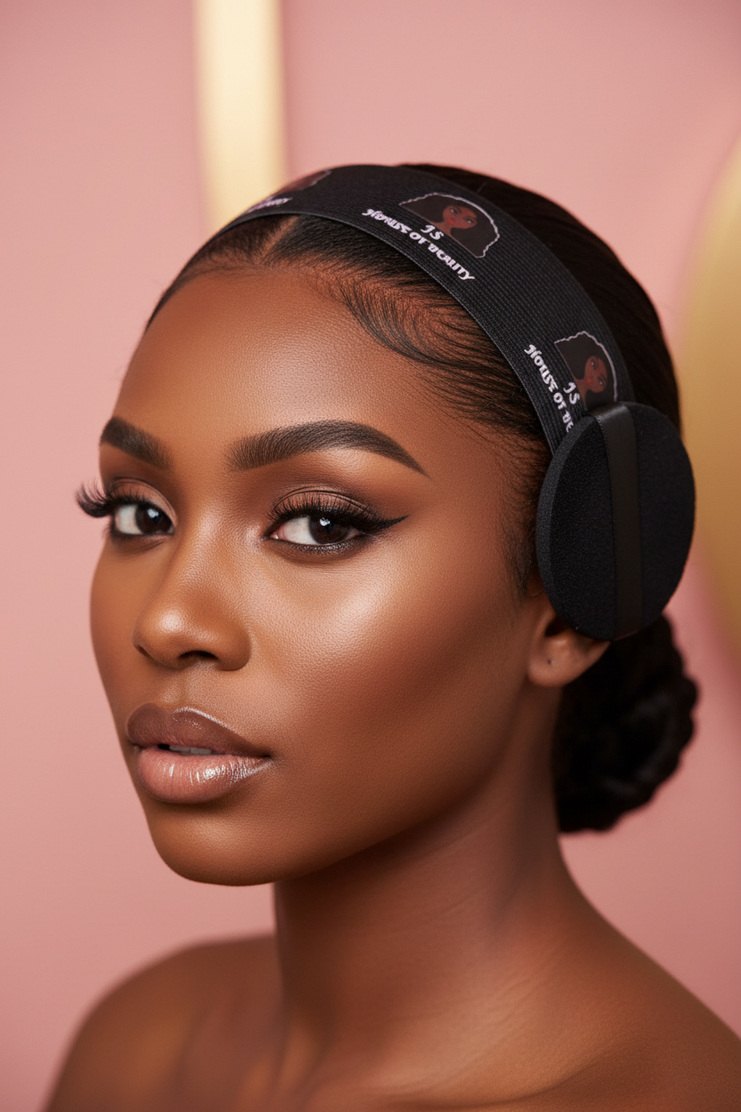Woman wearing J.S House of Beauty slay band with ear protection sponges